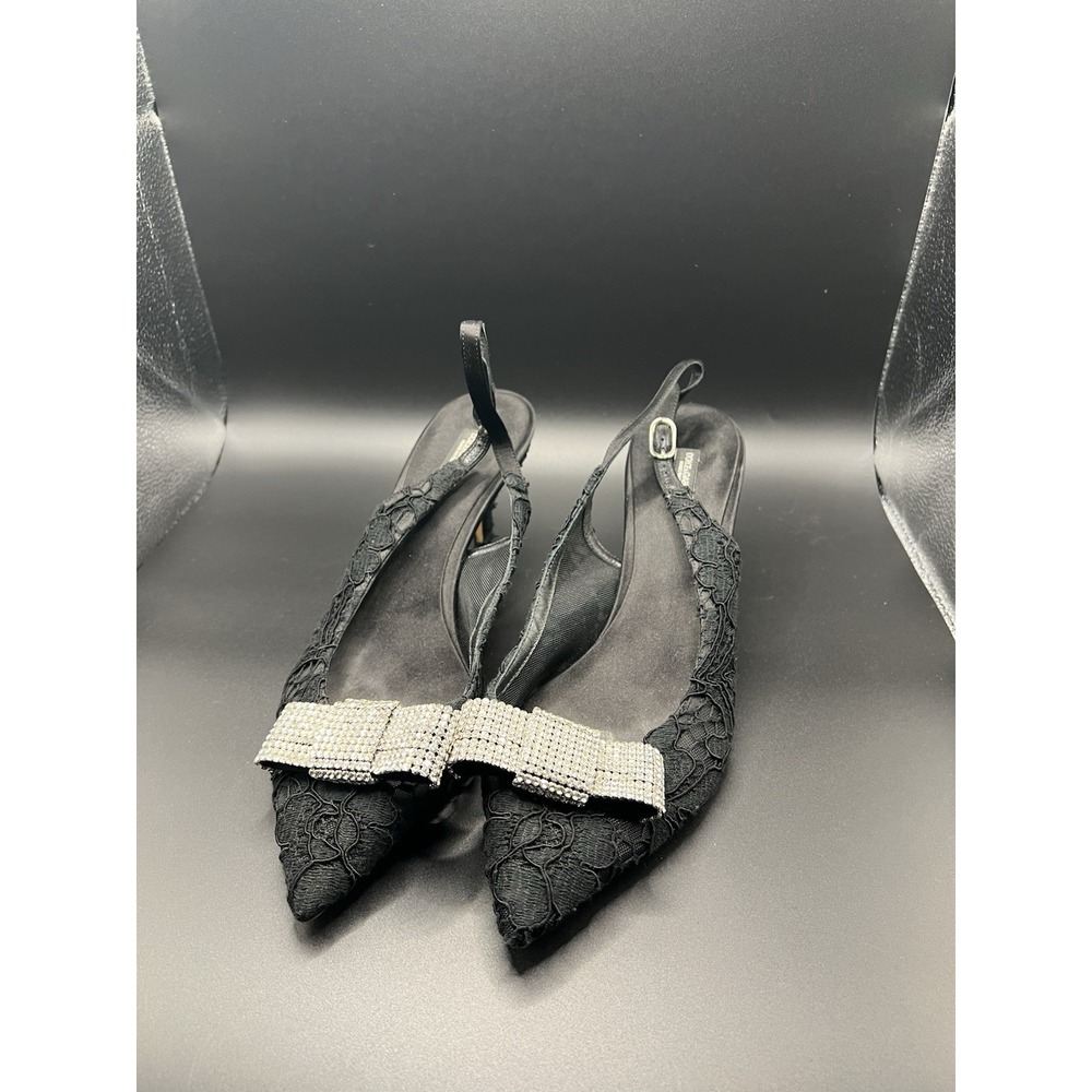 Dolce & Gabbana Black Lace Slingback heels Rhinestone bow pointed size 41 Italy